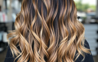 Back view of a woman with long wavy hair showing reverse balayage