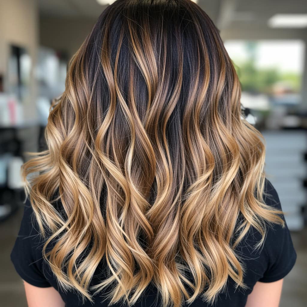 Back view of a woman with long wavy hair showing reverse balayage