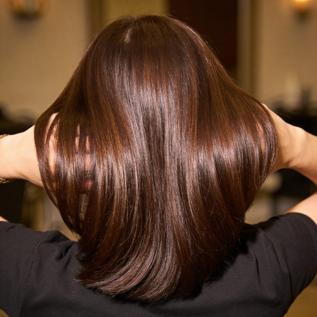 glossy brunette hair after salon glaze treatment showing mirror-like shine