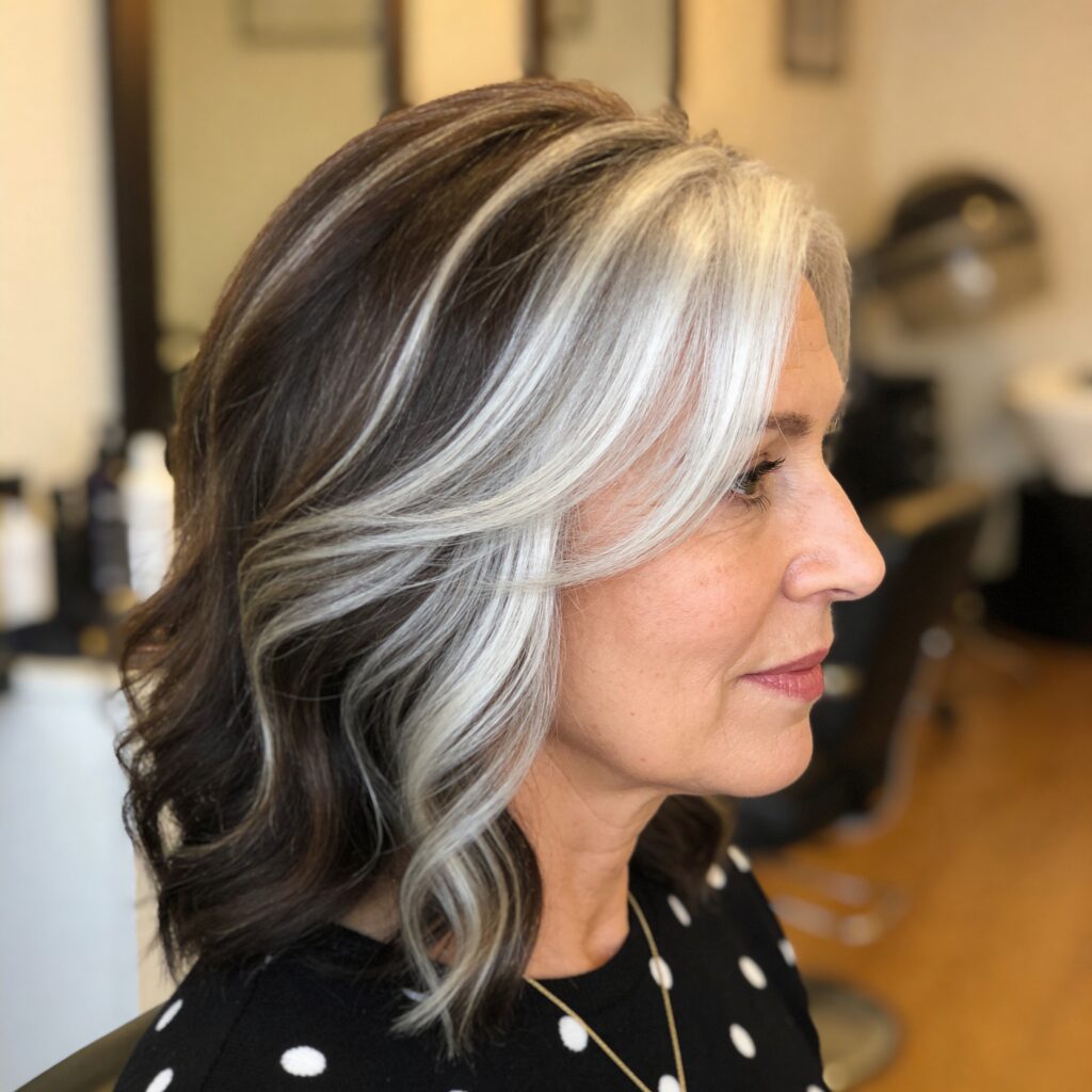 Side profile of a woman in her 50s with silver and dark brown hair blended together using highlights.