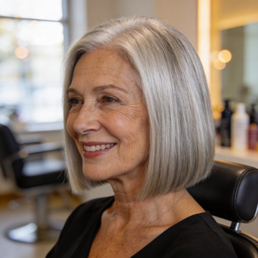 Woman with length blunt bob, one-length cut, sleek and polished