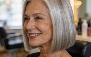 Woman with length blunt bob, one-length cut, sleek and polished