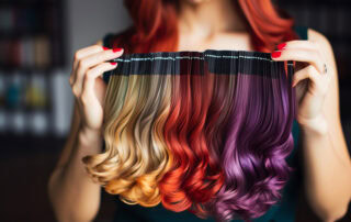 Woman holding up hair color samples