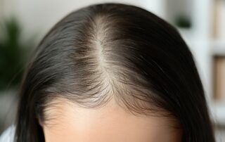 Thinning fine hair at the part line showing visible scalp before haircut at Numi Hair Salon Scarsdale