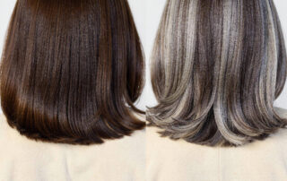 Split view of two women illustrating grey coverage vs grey blending