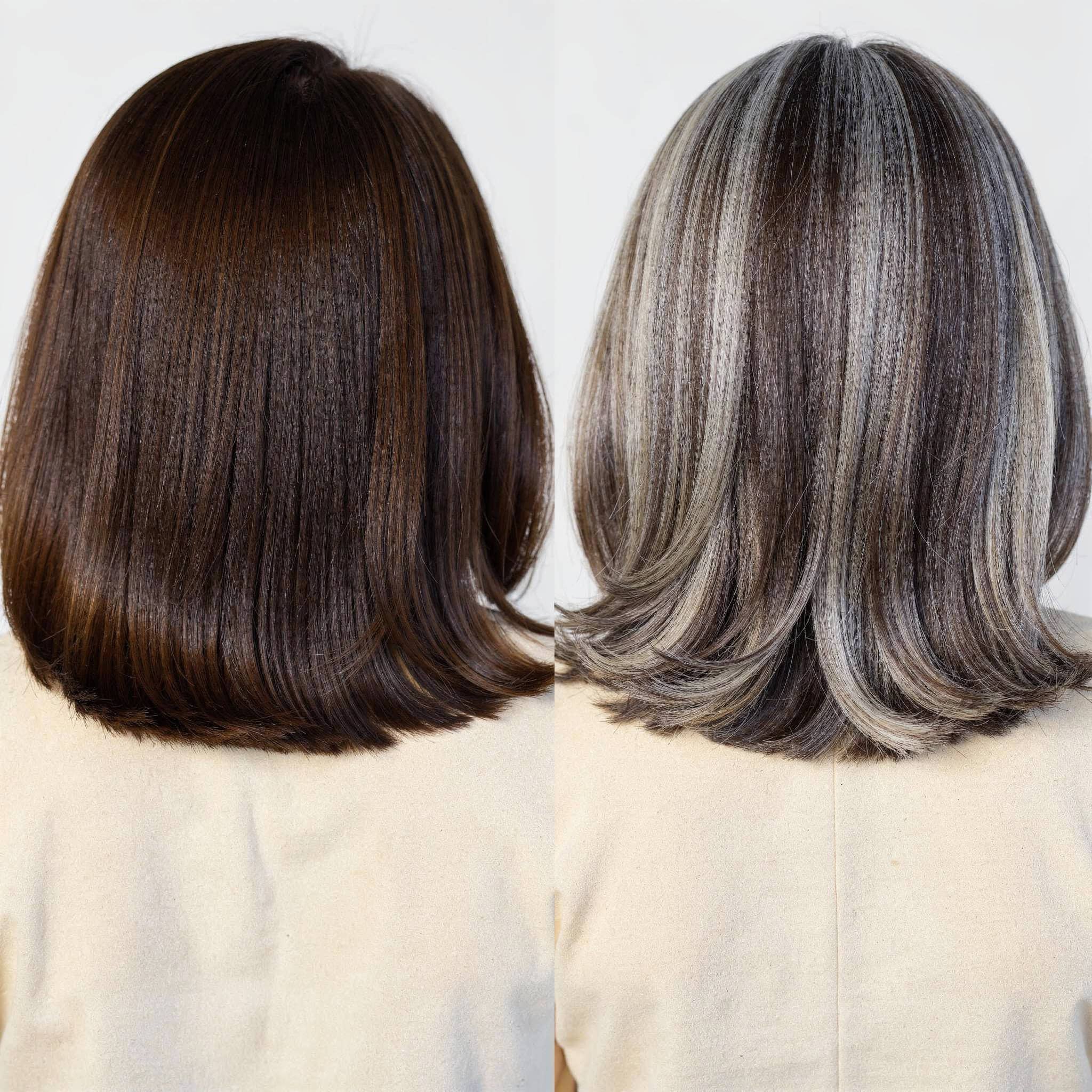Split view of two women illustrating grey coverage vs grey blending