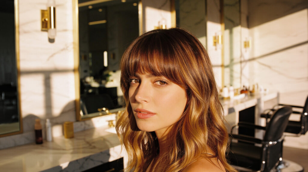 Woman with curtain bangs and balayage highlights styled with soft waves at a luxury hair salon in Scarsdale NY