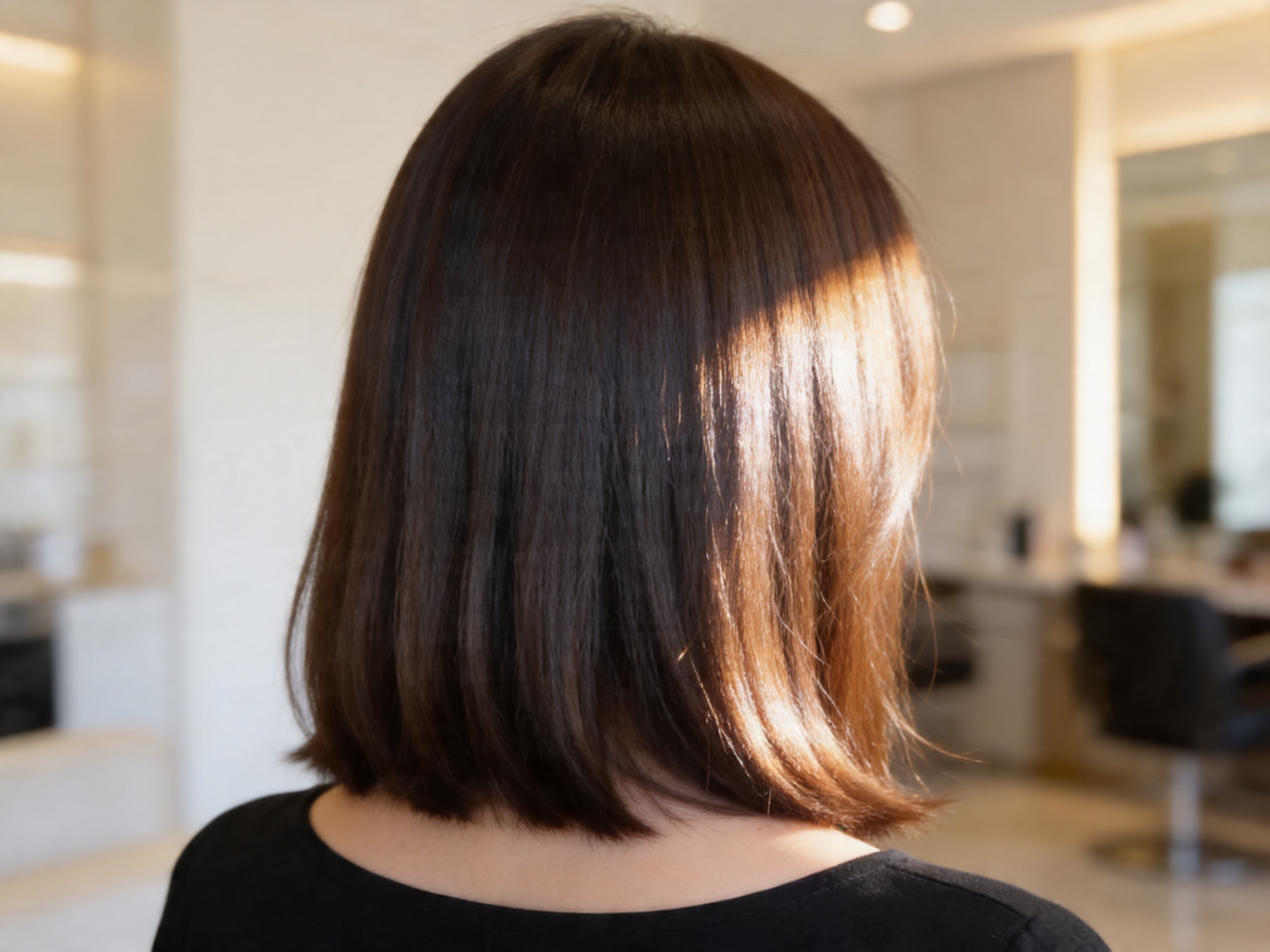 Professional hair glaze treatment result at Numi Hair Salon in Scarsdale showing smooth polished brunette bob with natural shine