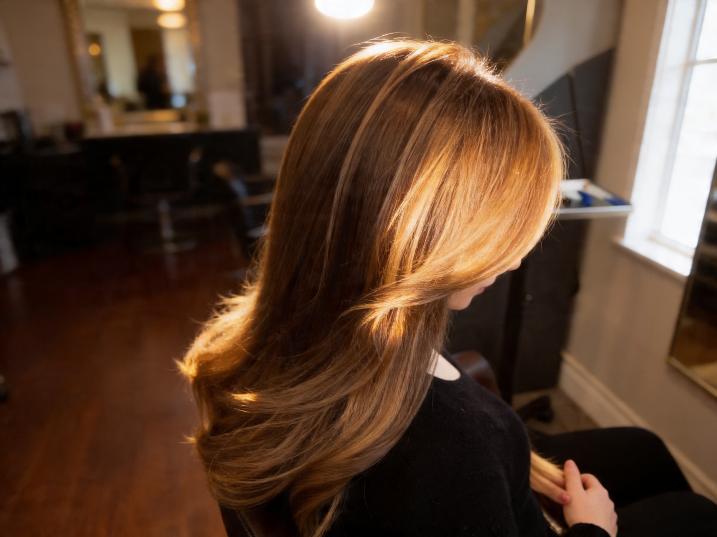 Partial highlights result at Numi Hair Salon in Scarsdale showing warm honey blonde highlights on brunette base with natural dimension