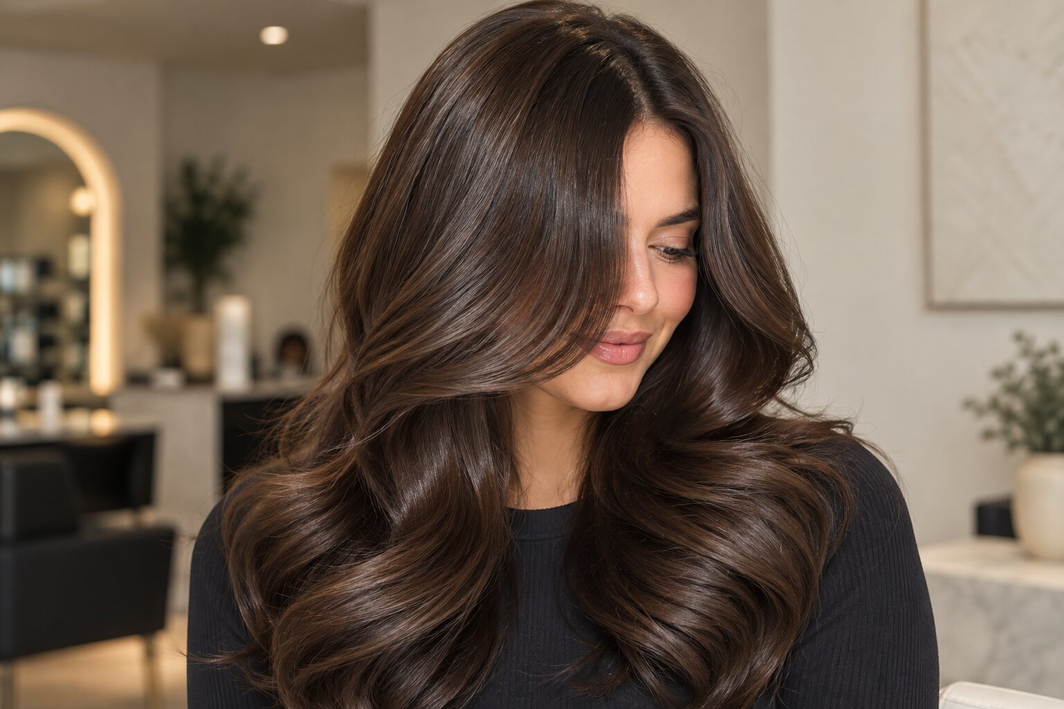 High-shine brunette hair with tone on tone depth and no visible highlights, a 2027 trend at Numi Hair Salon in Scarsdale NY