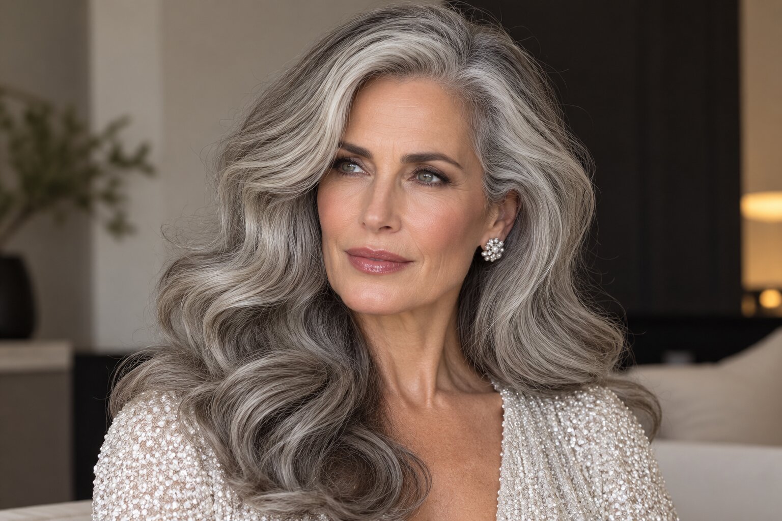 Gray blending on long wavy hair, dimensional color worked through natural gray at Numi Hair Salon in Scarsdale NY