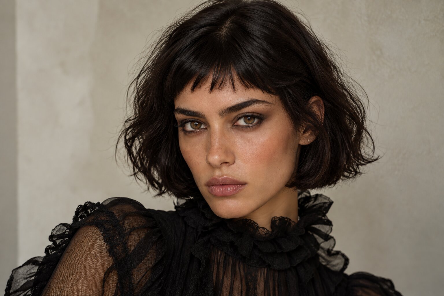 Micro fringe cut short and blunt above the eyebrows, a 2027 hair trend at Numi Hair Salon in Scarsdale NY