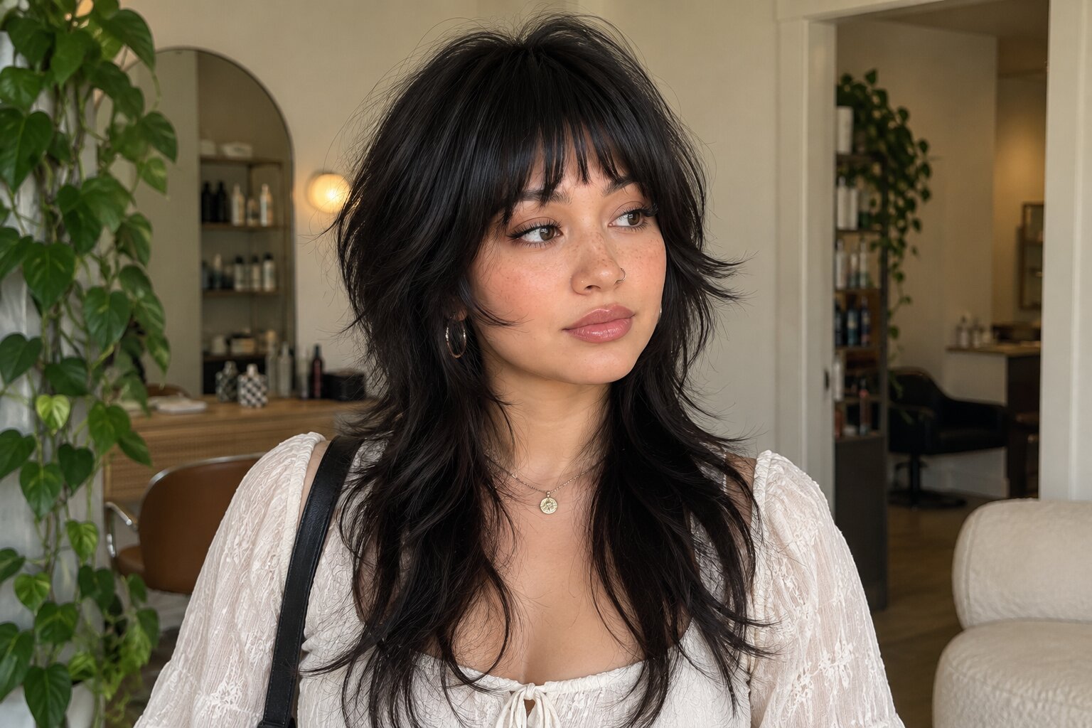 Shullet haircut from the side, showing soft shag layers on top blending into longer length at the back, Numi Hair Salon in Scarsdale NY