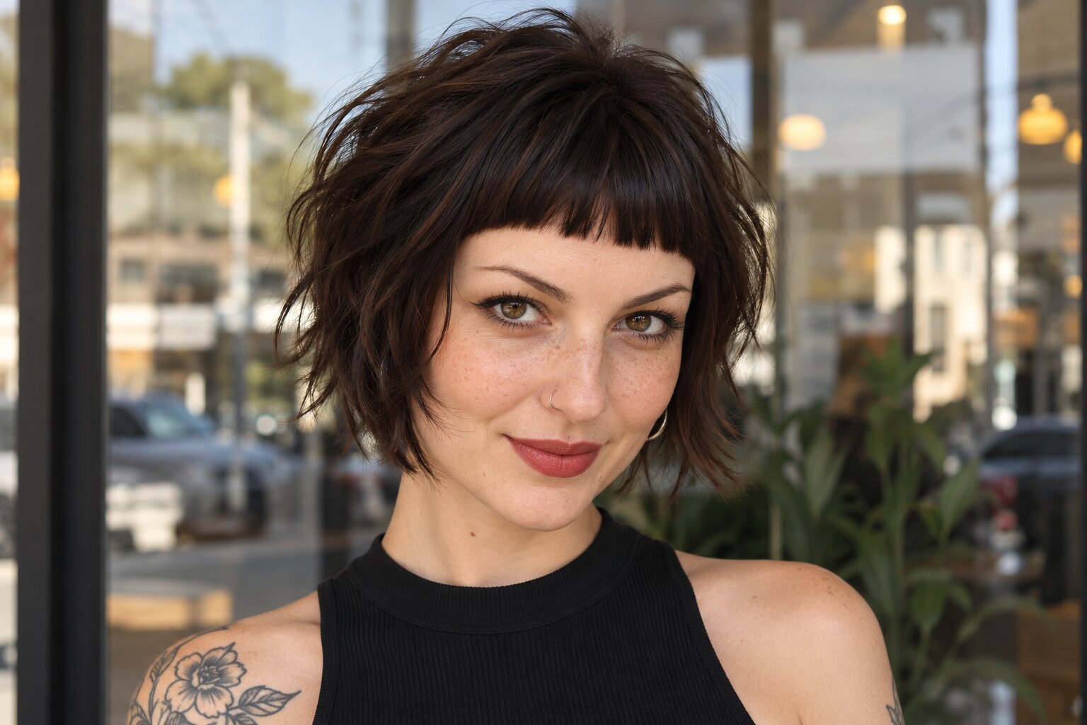 Micro bangs paired with a short bob, showing how the fringe sits against a shorter cut, Numi Hair Salon, Scarsdale NY