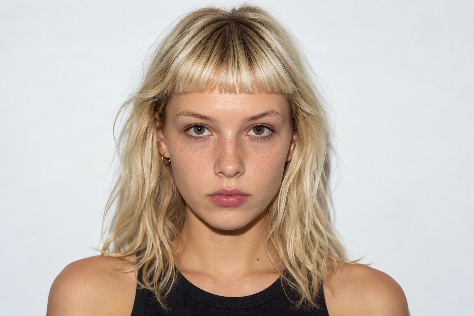 Micro bangs cut high above the eyebrows, a short blunt fringe styled at Numi Hair Salon in Westchester, NY