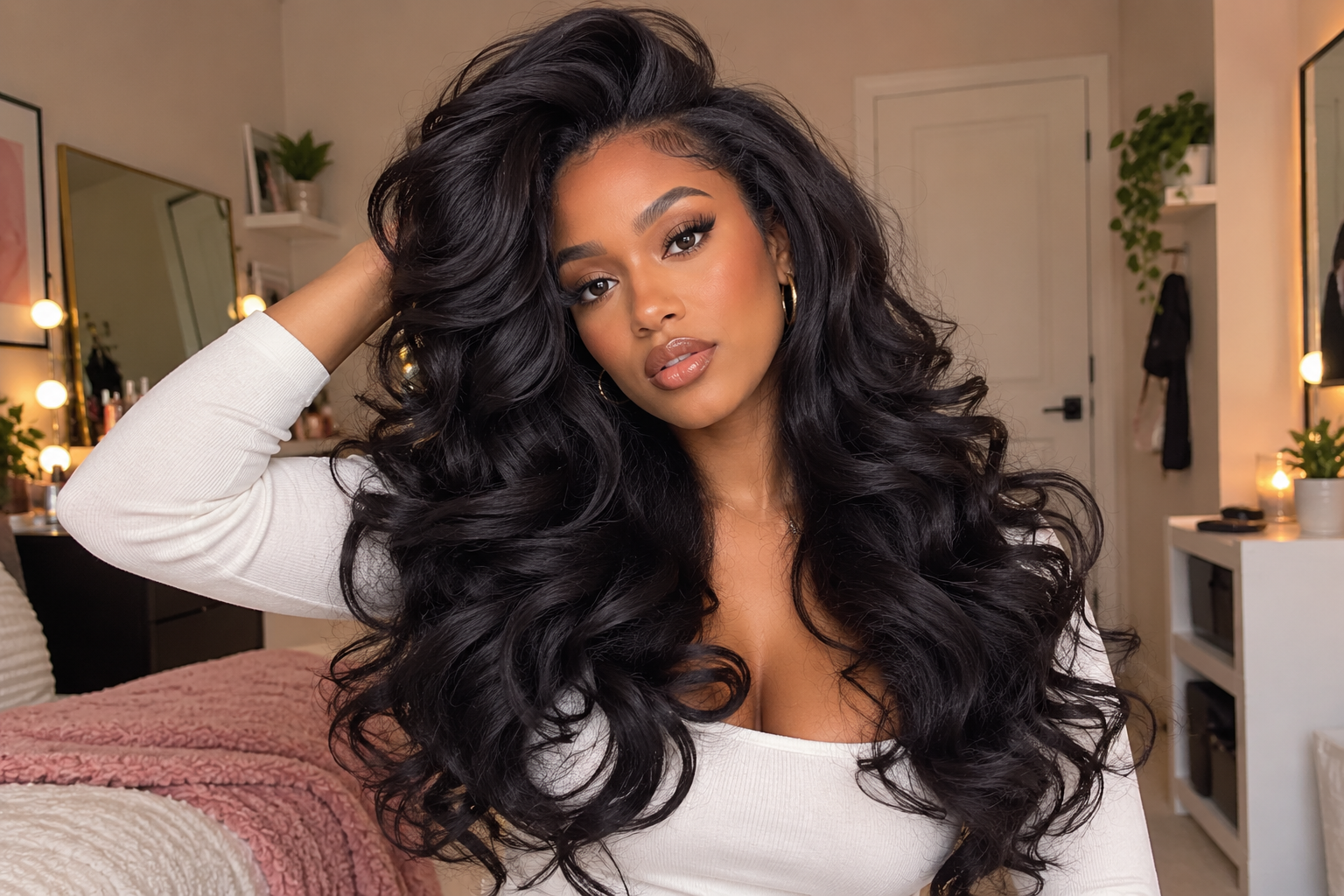 Woman with a 90s blowout, smooth hair with volume at the roots and the ends curved under, styled at Numi Hair Salon in Westchester, NY