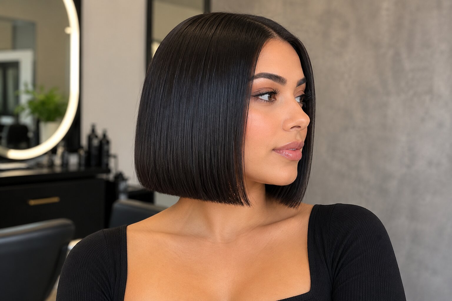 Blunt cut bob at chin length, showing the clean single line a blunt cut is known for, Numi Hair Salon in Westchester NY