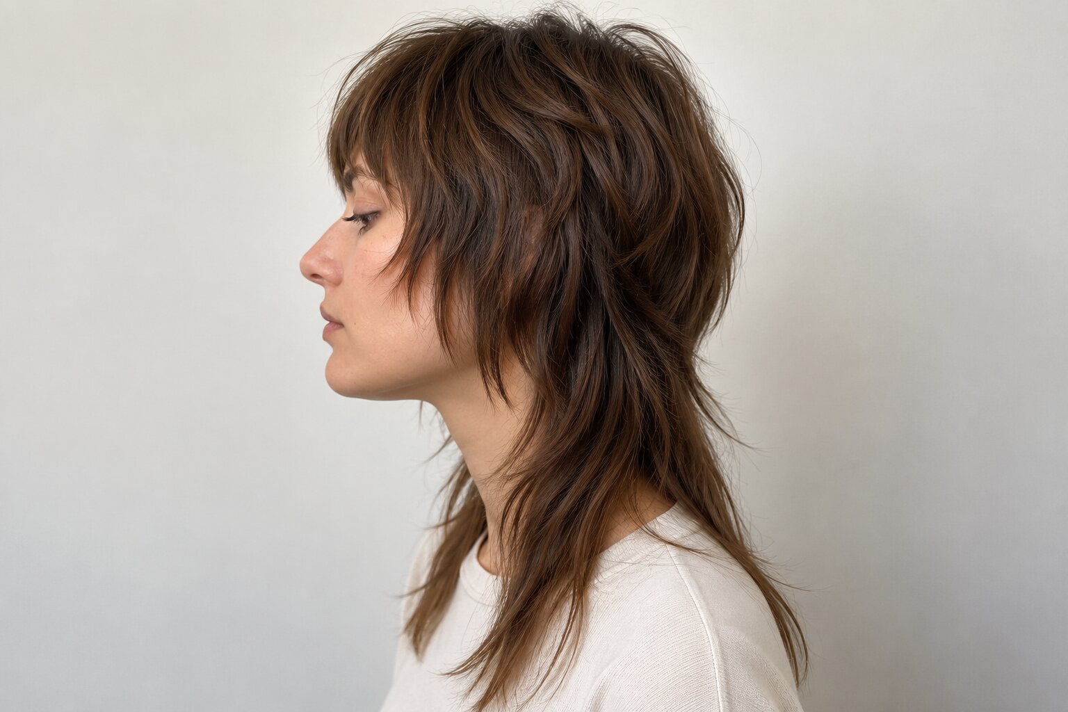 Jellyfish haircut with a short round top layer over long hair, styled at Numi Hair Salon in Westchester, NY