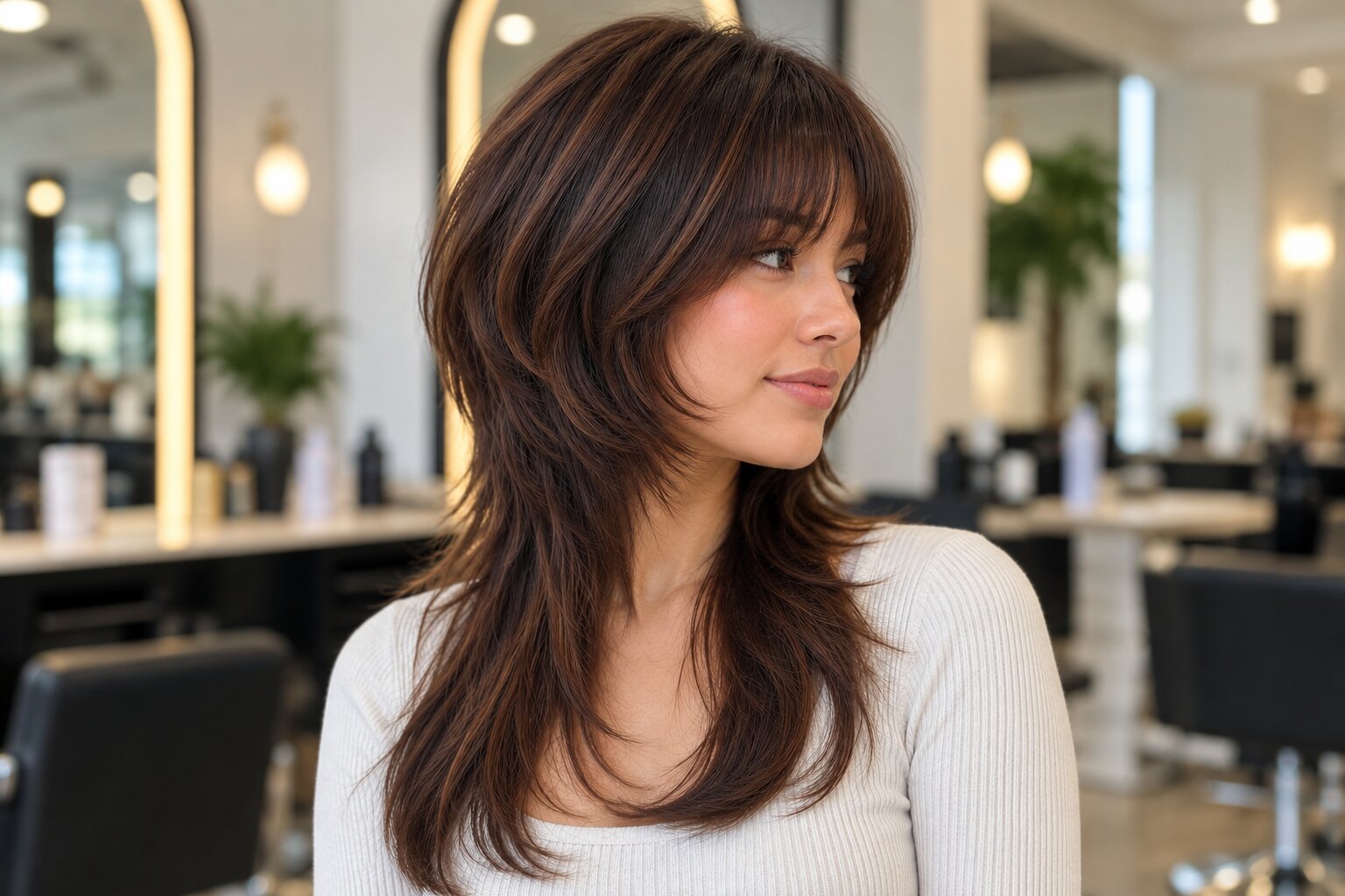 Styling a jellyfish haircut with a round brush to keep the top layer full at Numi Hair Salon, Scarsdale NY