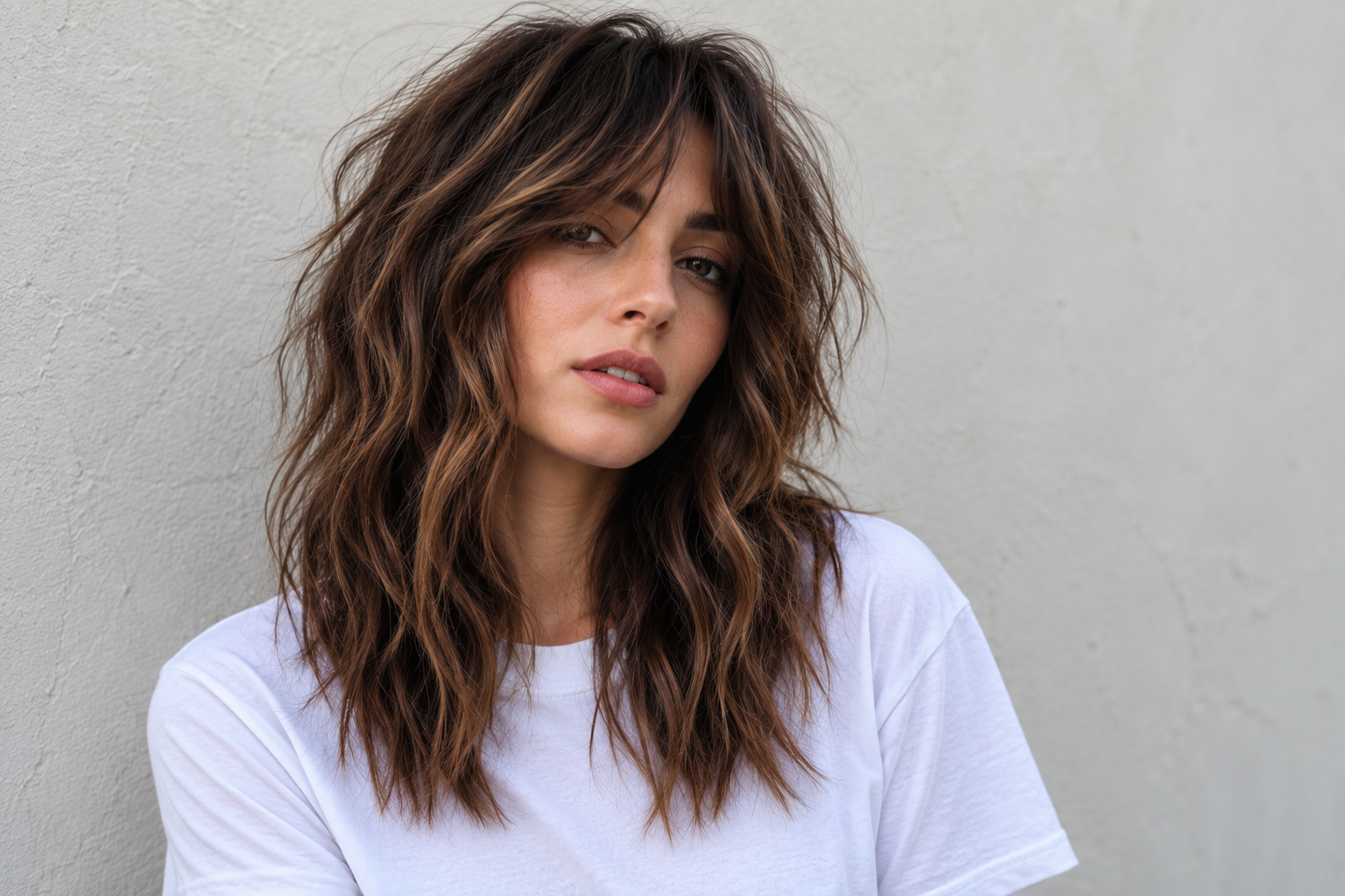 Modern shag haircut with soft blended layers and curtain bangs, cut at Numi Hair Salon in Westchester, NY
