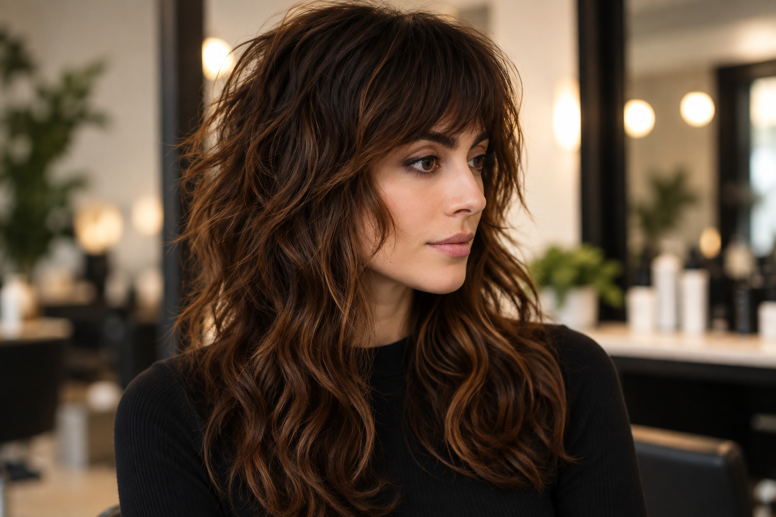 Mid-length modern shag haircut showing volume at the crown and face-framing layers, Numi Hair Salon, Scarsdale NY
