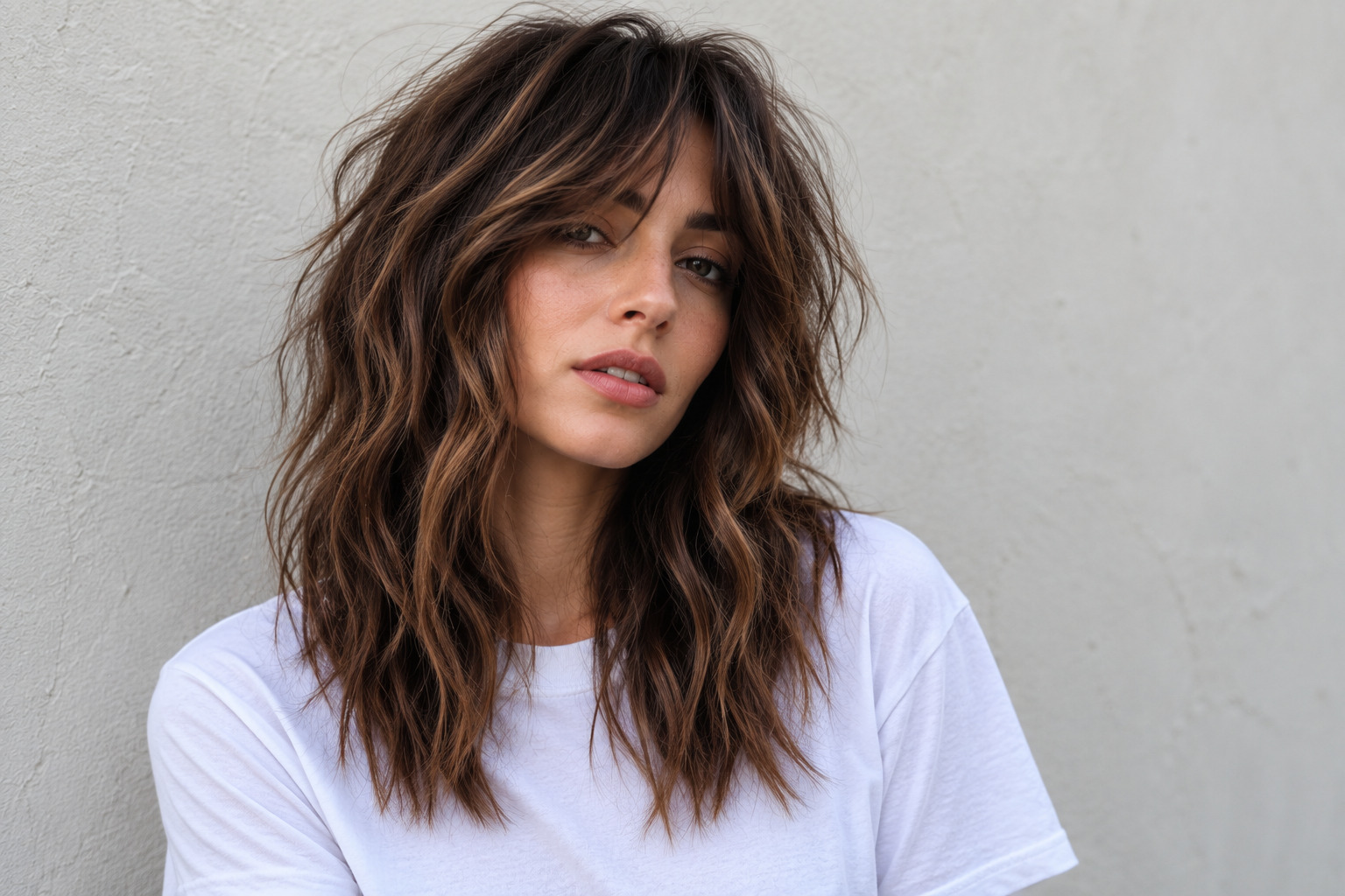 Modern shag haircut with soft blended layers and curtain bangs, cut at Numi Hair Salon in Westchester, NY