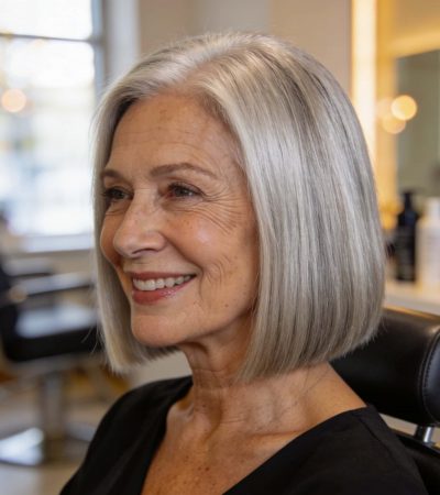 Woman with length blunt bob, one-length cut, sleek and polished